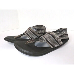 Sanuk Women's Yoga Sling Sandals Flip Flop Black Gray Stripe Fabric - Size 8